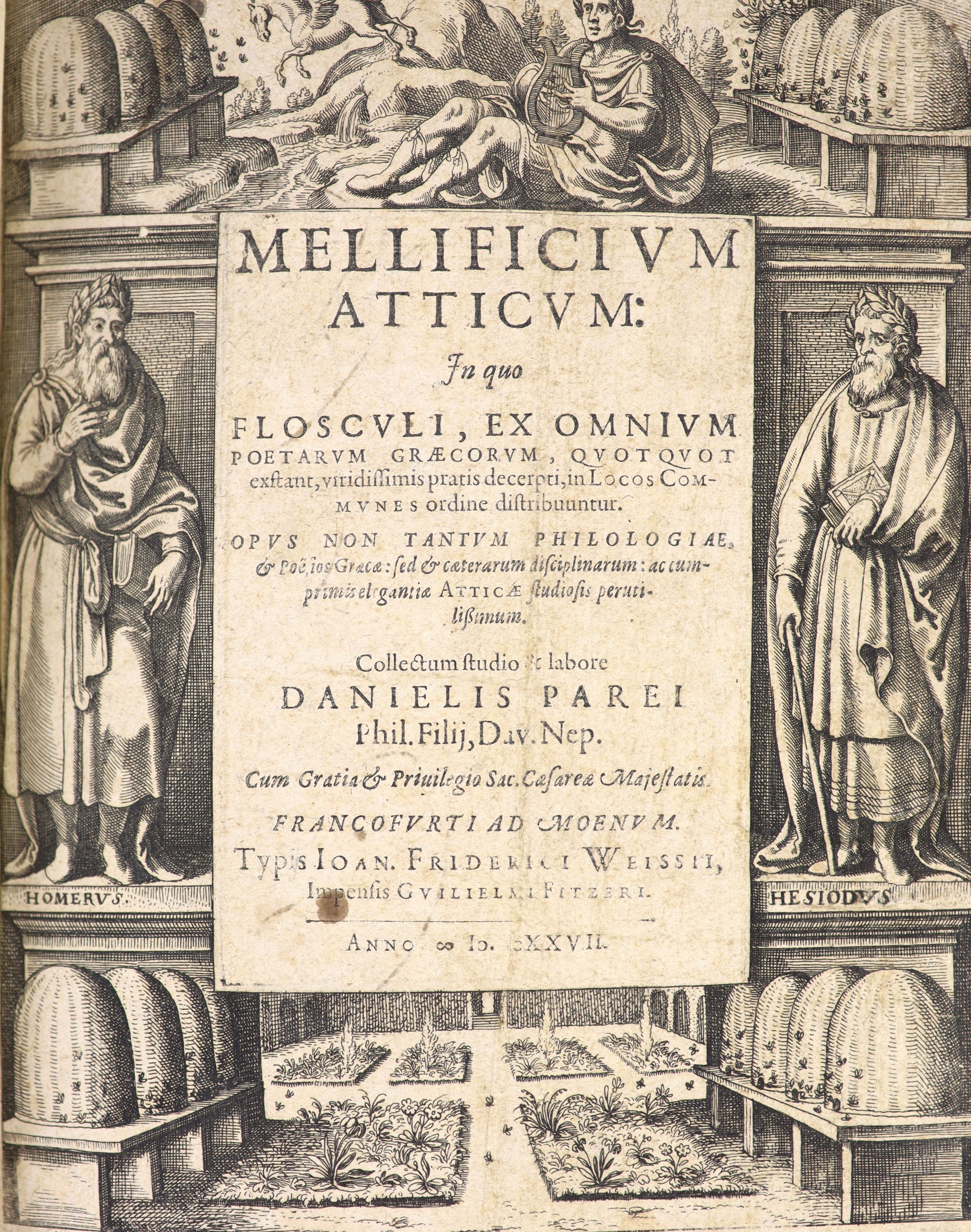 Pareus, Daniel - Mellificium Atticum: in quo Flosculi, ex Omnium Poetarium Graecorum ... engraved pictorial title, head and tailpiece decorations: old half calf and marbled boards, sometime rebacked with gilt-lettered pa